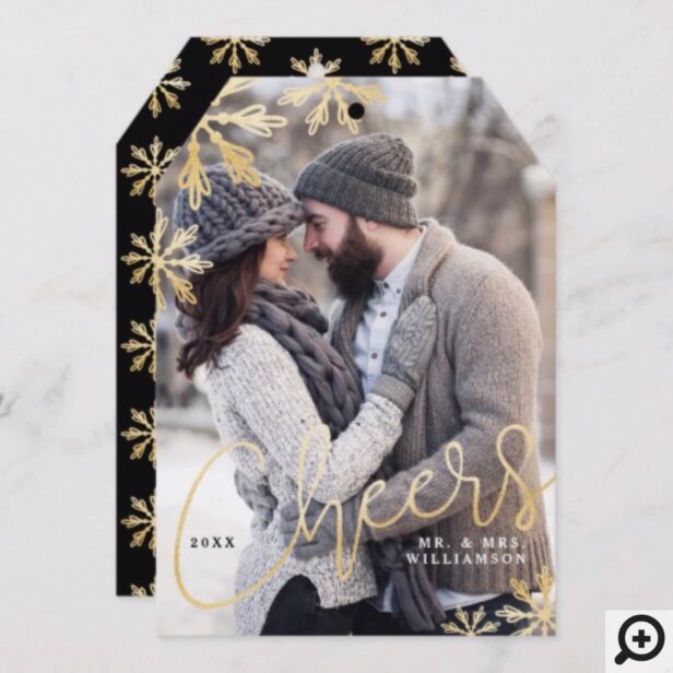 Elegant Cheers Gold Snowflake Newlyweds Photo Holiday Card
