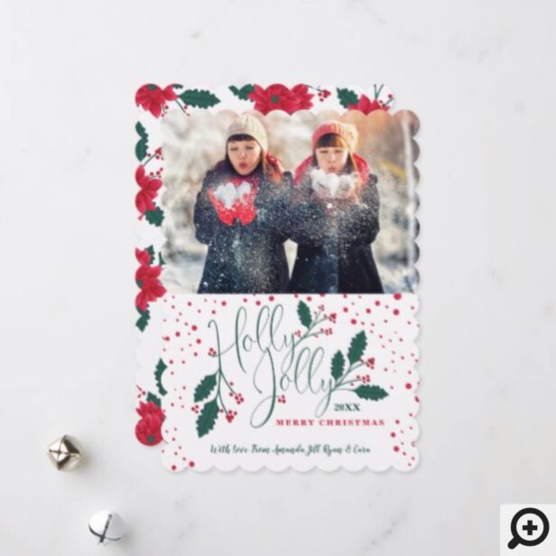 Holly Jolly Green Red Berry Holly Poinsettia Photo Holiday Card