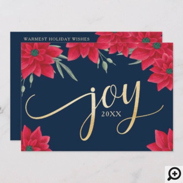Elegant Joy Red Floral Poinsettia Flower Photo Holiday Card