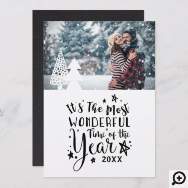 Minimalistic Pine Tree Typographic Greetings Photo Holiday Card