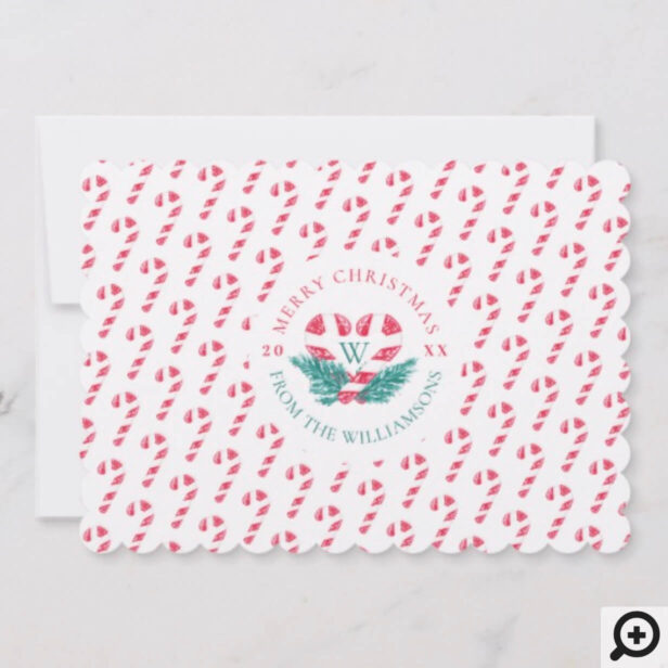 Candy Cane Heart Green Pine Christmas Crest Photo Holiday Card