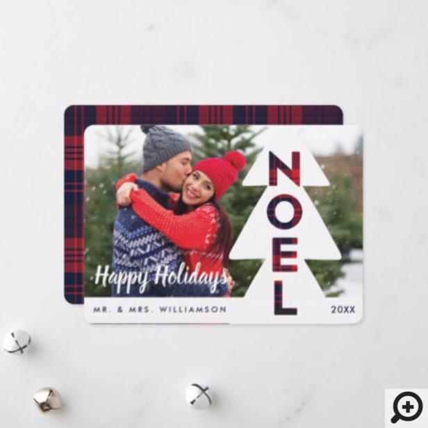 Modern Pine Tree & Plaid Noel Newlyweds Photo Holiday Card