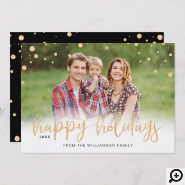 Happy Holidays | Minimal Modern Gold Snow Photo Holiday Card