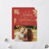 Wintry Wishes | Red & Gold Pine Forest 3 Photo Holiday Card