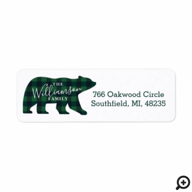 Forest Green Buffalo Plaid Bear Family Christmas Label