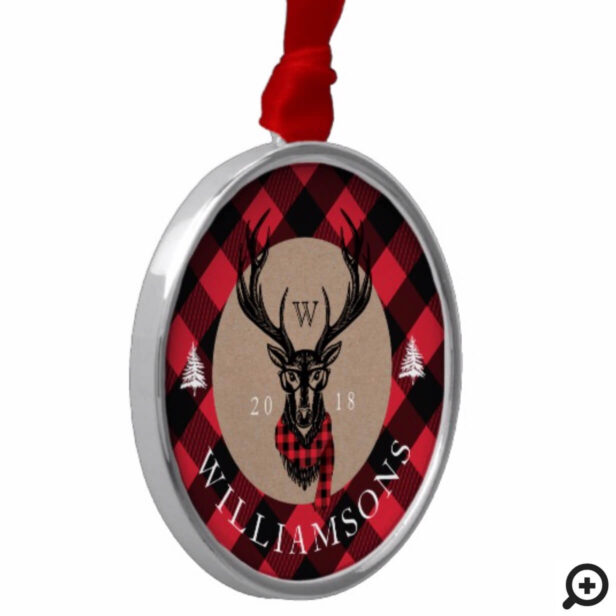 Cozy & Warm | Red Buffalo Plaid Reindeer Monogram Metal Ornament
