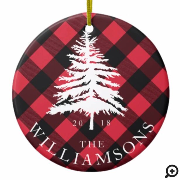 Red Buffalo Plaid White Forest Pine Tree Family Ceramic Ornament