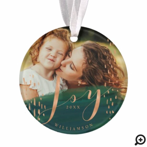 Joy | Forest Green Watercolor Wash Family Photo Ornament