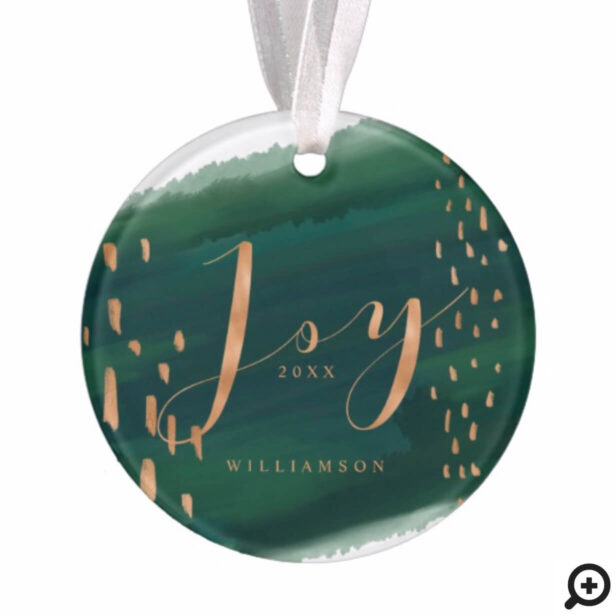 Joy | Forest Green Watercolor Wash Family Photo Ornament