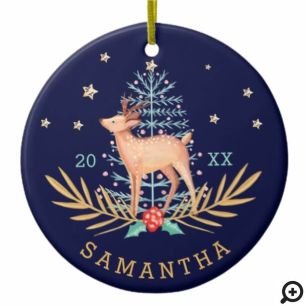 Midnight Woodland Forest Reindeer & Christmas Tree Ceramic Ornament