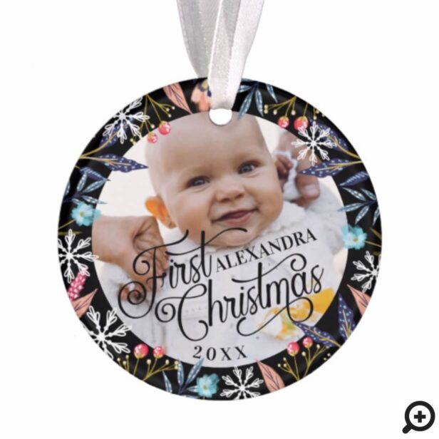 Chic Floral Vibrant Botanical Snowflake Baby Photo Ornament
