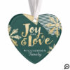 Joy & Love | Green Gold Pine & Snowflakes Photos Ornament
