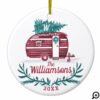 Festive Vintage Red Camper Christmas Tree Monogram Ceramic Ornament