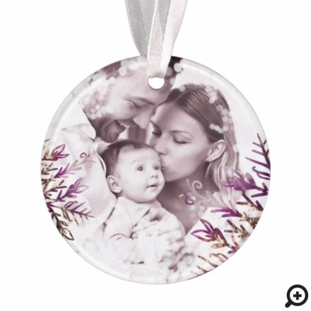 Snowy Snowflake Wintery Purple Plum Family Photo Ornament