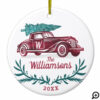 Festive Vintage Red Car Christmas Tree Monogram Ceramic Ornament
