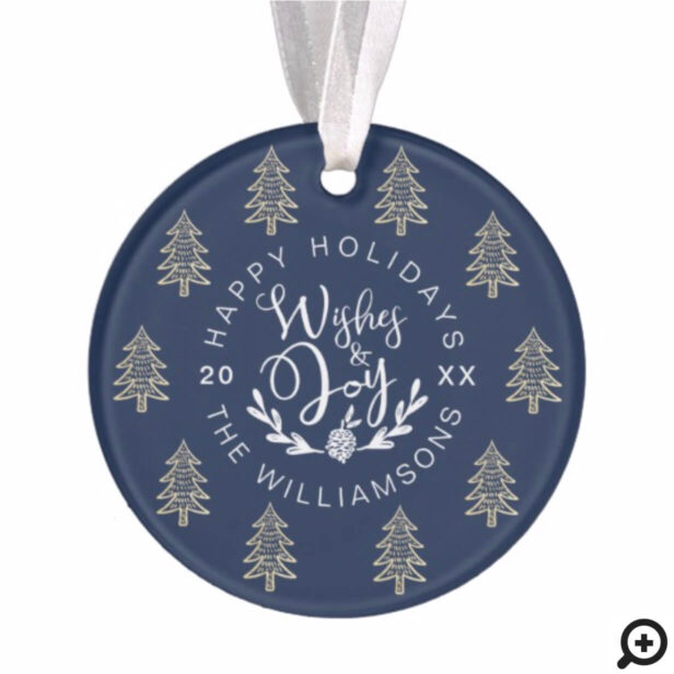 Elegant Gold & Blue Pine Tree | Holiday Photo Ornament