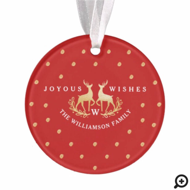 Joyous Wishes | Red & Gold Reindeer Crest Photo Ornament