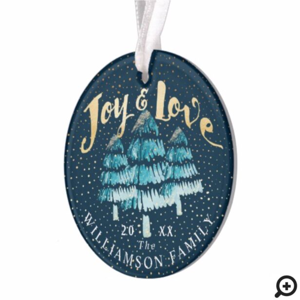 Joy Love Blue Ombre Winter Pine Tree Family Photo Ornament
