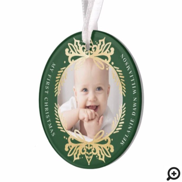 Ornate Green & Gold Crest | Baby's First Christmas Ornament