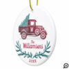 Festive Vintage Red Truck Christmas Tree Monogram Ceramic Ornament