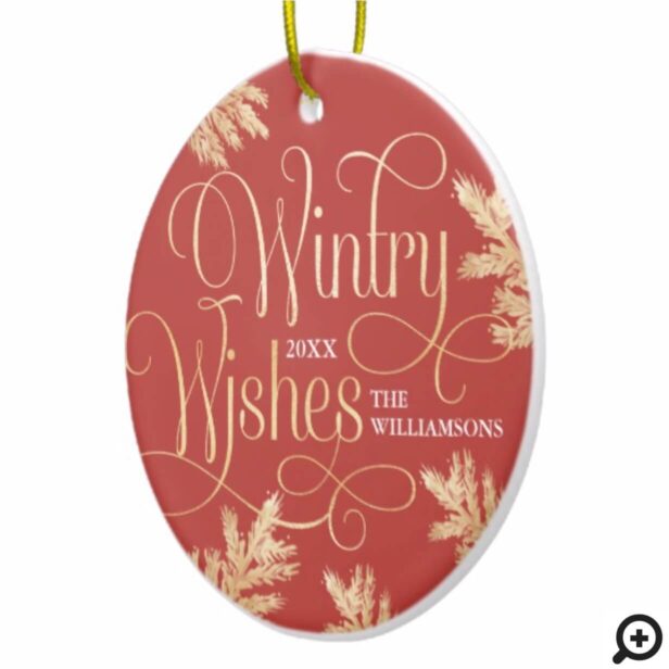 Luxury Wintry Wishes Red & Gold Pine Forest Photo Ceramic Ornament