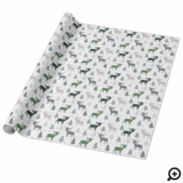 Festive Moose, Trees, and Snow Christmas Pattern Wrapping Paper