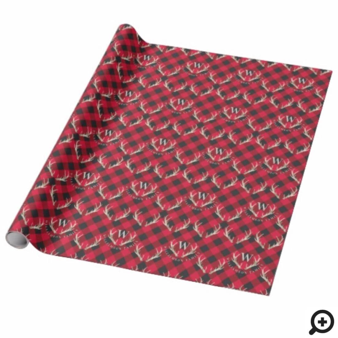 Red Buffalo Plaid Antlers & Monogram Christmas Wrapping Paper