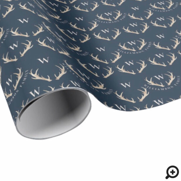 Slate Grey & Gold Antlers & Monogram Christmas Wrapping Paper
