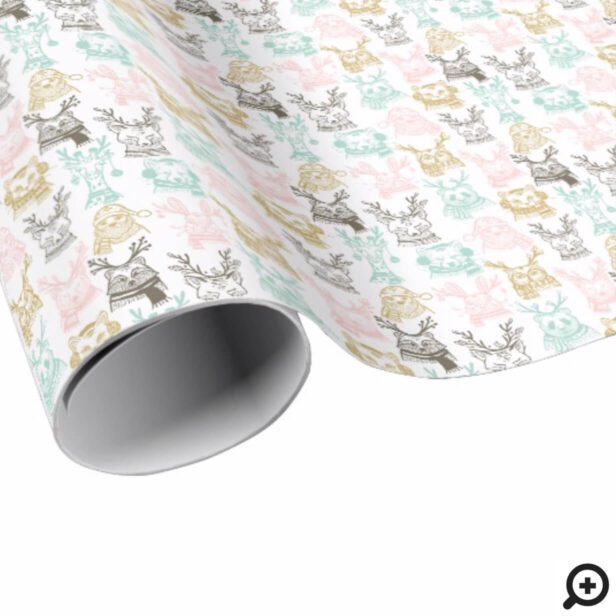 Modern Etched Style Woodland Animals Christmas Wrapping Paper