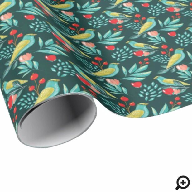 Watercolour Birds, Cranberry & Greenery Christmas Wrapping Paper