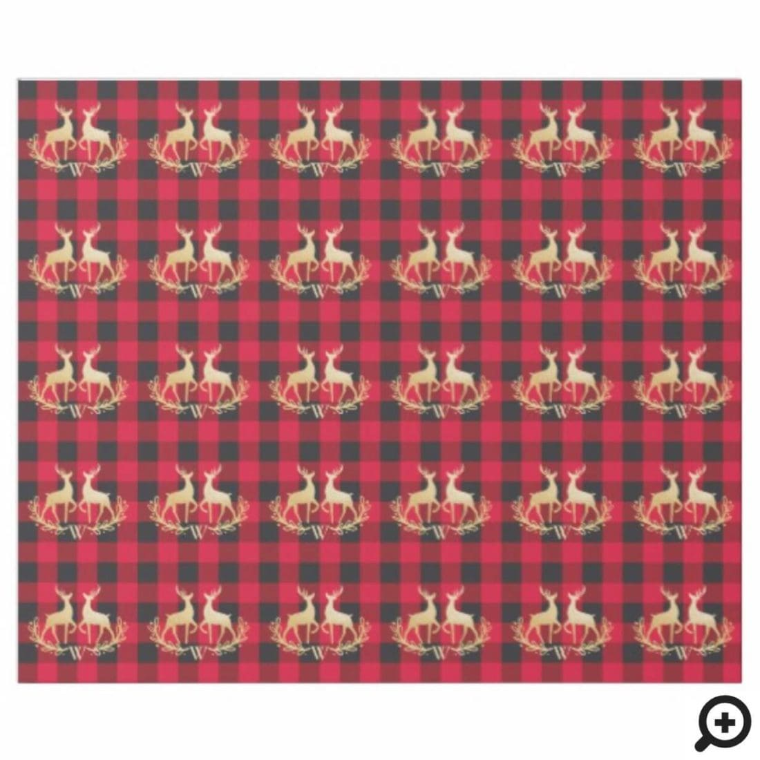 Gold Reindeer Monogram Red Buffalo Plaid Christmas Wrapping Paper