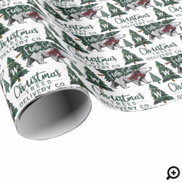 Plaid Polar Bear Christmas Trees Delivery Monogram Wrapping Paper