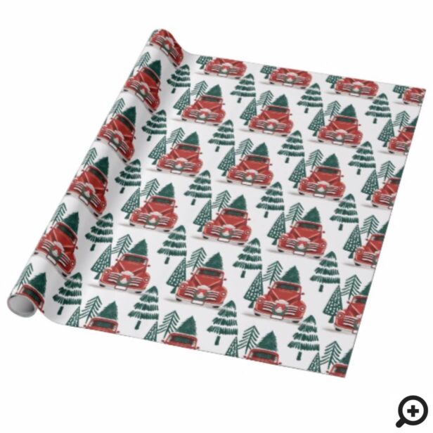 Front View Vintage Red Truck Christmas Tree Wrapping Paper