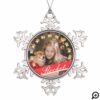 Personalized Gold Pet Paw Print & Red Ribbon Photo Snowflake Pewter Christmas Ornament