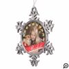 Personalized Gold Pet Paw Print & Red Ribbon Photo Snowflake Pewter Christmas Ornament