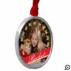 Personalized Gold Pet Paw Print & Red Ribbon Photo Metal Ornament