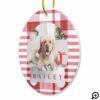 Cozy Red & White Plaid Paw Print Pet Photo Ceramic Ornament