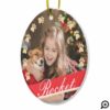 Personalized Gold Pet Paw Print & Red Ribbon Photo Ceramic Ornament