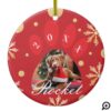 Red & Gold Pet Paw Print Photo & Snowflakes Ceramic Ornament