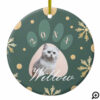Green & Gold Pet Paw Print Photo & Snowflakes Ceramic Ornament