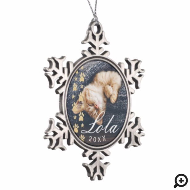 Elegant Gold Paw Prints & Stars Holiday Pet Photo Snowflake Pewter Christmas Ornament