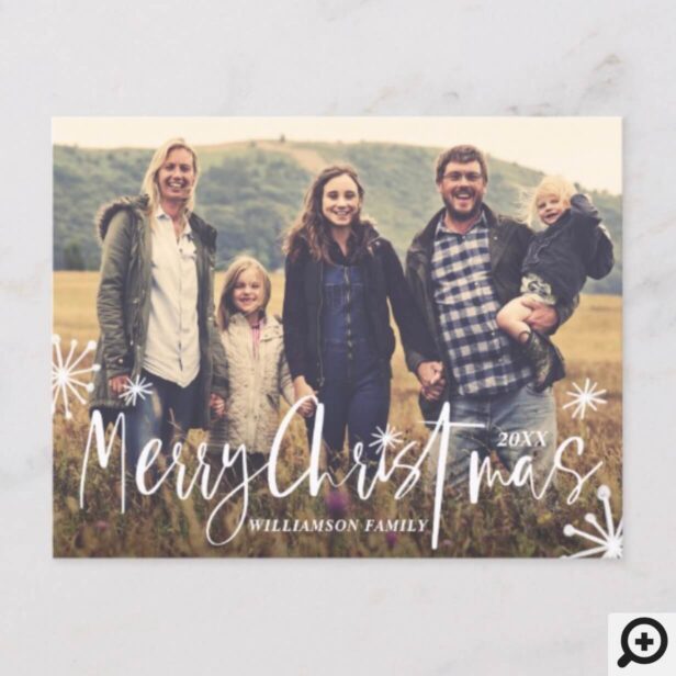 Merry Christmas | Stylish Script & Sparklers Photo Holiday Postcard