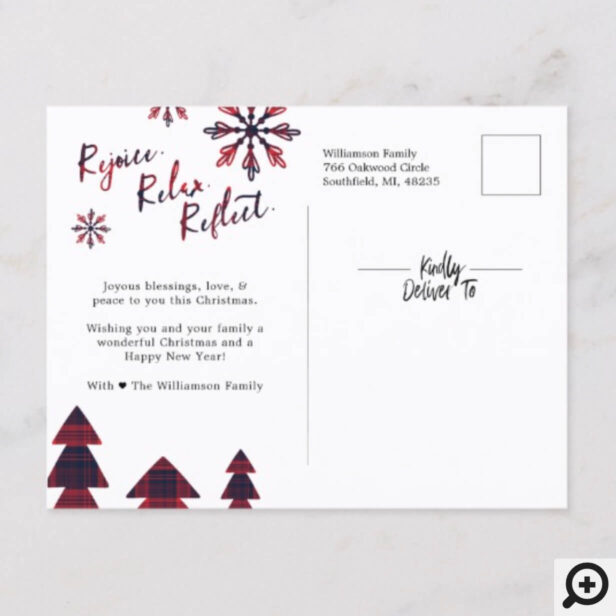Rejoice, Relax, Reflect | Brush Script Plaid Holiday Postcard