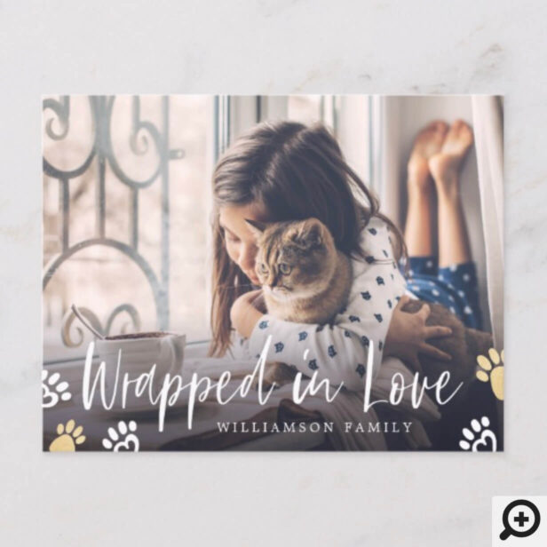 Wrapped In Love | Pet Paw Print Animal Photo Holiday Postcard