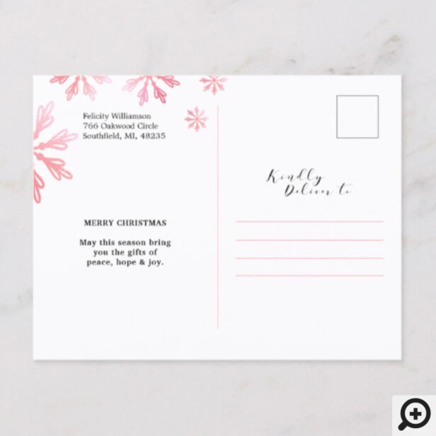 Home For The Holidays Classy Pink Snowflakes Photo Holiday Postcard
