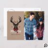 Cozy & Warm | Red Buffalo Plaid Reindeer Monogram Holiday Postcard