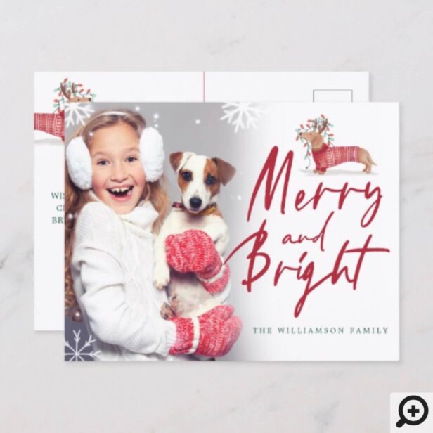 Merry & Bright | Dachshund Christmas Sweater Photo Postcard