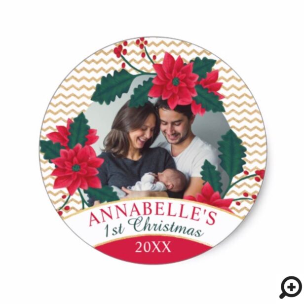 Gold Chevron & Poinsettia | Baby's First Christmas Classic Round Sticker