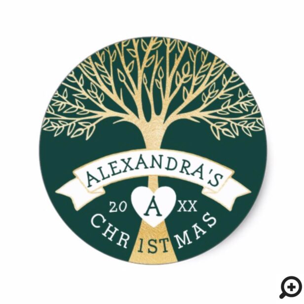 Green & Gold Family Tree | Baby's First Christmas Classic Round Sticker
