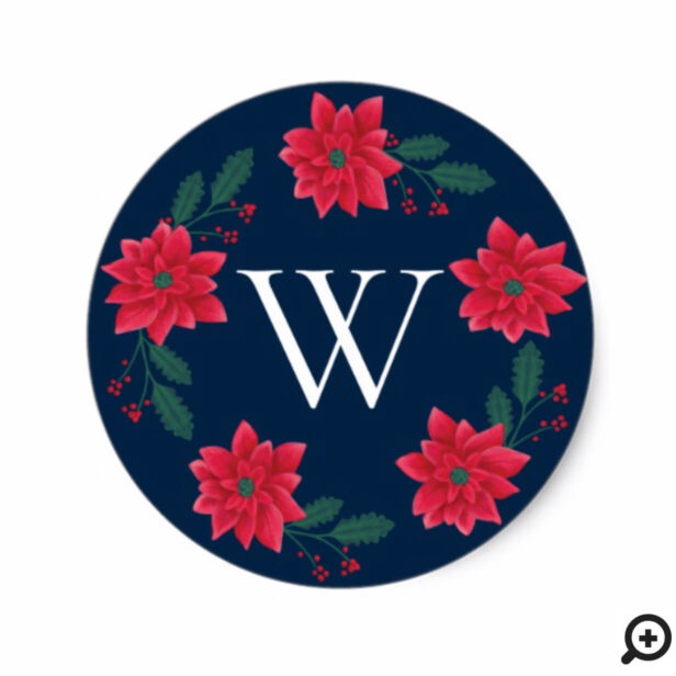 Festive Red Floral Poinsettia & Holly Monogram Classic Round Sticker